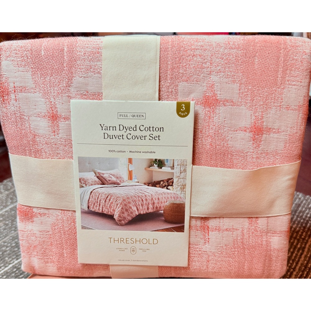 Threshold Duvet Cover Set Full Queen Pink Yarn Dyed Cotton NEW 3pc Woven Texture